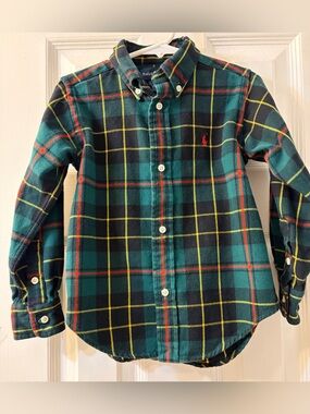 Ralph Lauren Preppy Flannel Green & Red Plaid Button Down Shirt Kids Size 3T